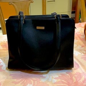Liz Claiborne woman’s black structured briefcase hand bag with compartments.